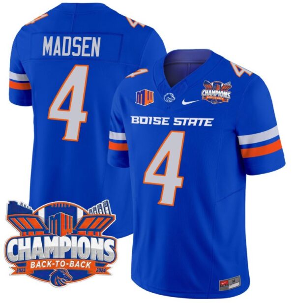 Men's Maddux Madsen Jersey #4 Boise State Broncos Back To Back Champions Royal