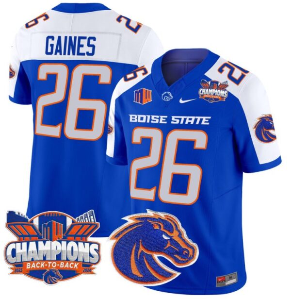 Men's Sire Gaines Jersey #26 Boise State Broncos Back To Back Champions Royal Alternate
