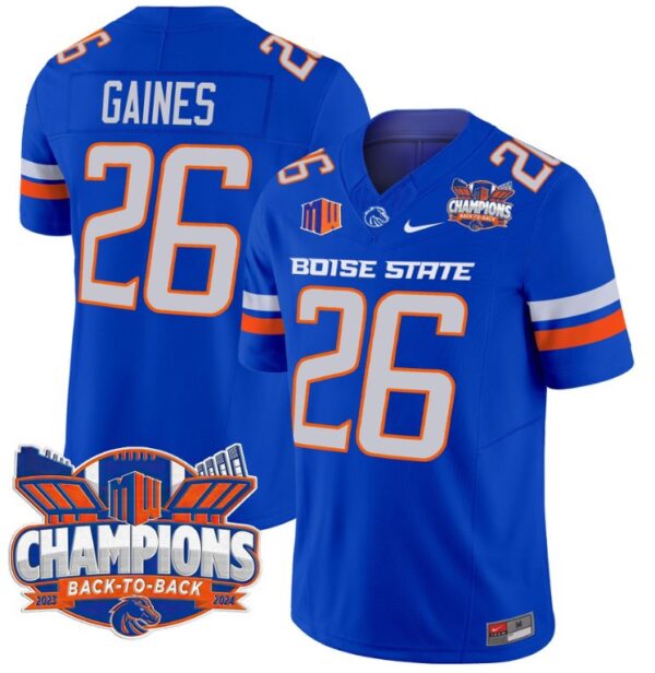 Men's Sire Gaines Jersey #26 Boise State Broncos Back To Back Champions Royal