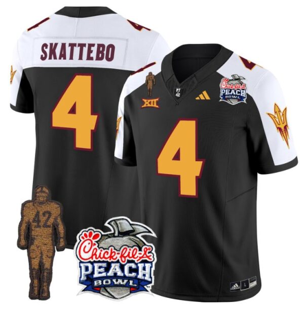Men's Cam Skattebo Jersey #4 Sun Devils Pat Tillman Peach Bowl Patch Black Alternate