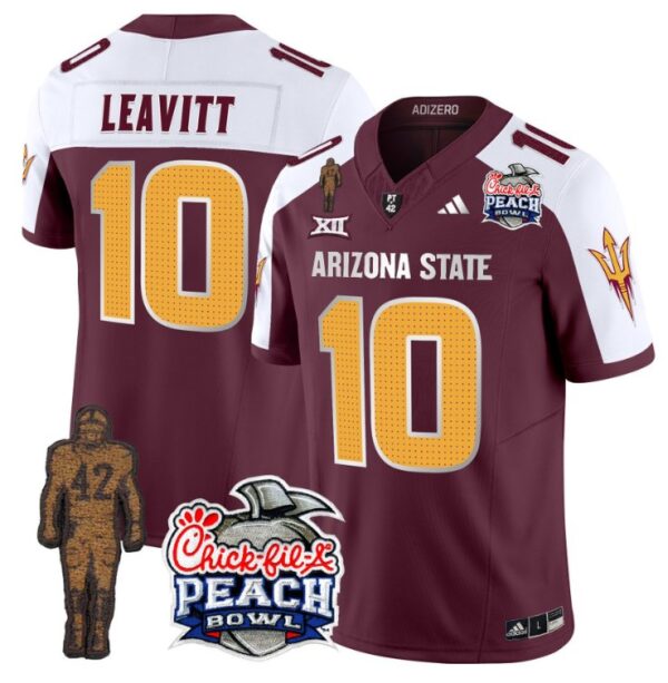 Men's Sam Leavitt Jersey #10 Arizona State Peach Bowl Patch Football V2 Maroon Alternate