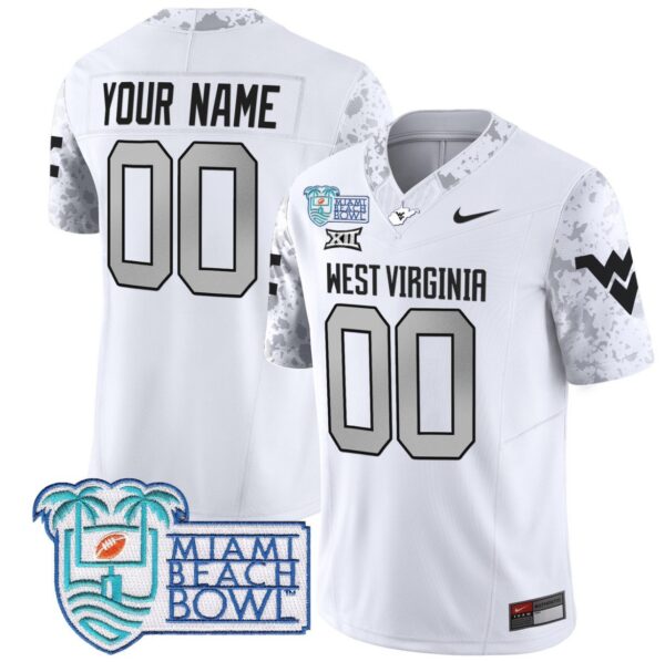 Men's Custom West Virginia Mountaineers Jersey 2025 Miami Beach Bowl Patch White