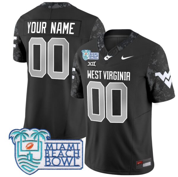 Men's Custom West Virginia Mountaineers Jersey 2025 Miami Beach Bowl Patch Coal