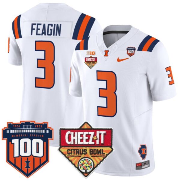 Men's Kaden Feagin Jersey #3 Illinois Fighting 2025 Cheez-It Citrus Bowl White