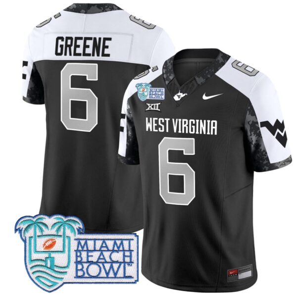 Men's Garrett Greene Jersey #6 West Virginia Mountaineers 2025 Miami Beach Bowl Alternate