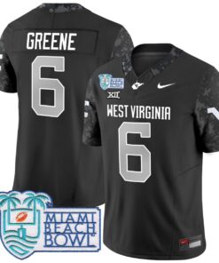 Men's Garrett Greene Jersey #6 West Virginia Mountaineers 2025 Miami Beach Bowl Coal