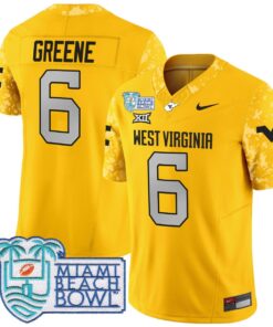 Men's Garrett Greene Jersey #6 West Virginia Mountaineers 2025 Miami Beach Bowl Gold