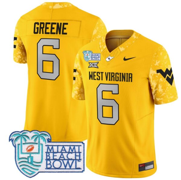 Men's Garrett Greene Jersey #6 West Virginia Mountaineers 2025 Miami Beach Bowl Gold