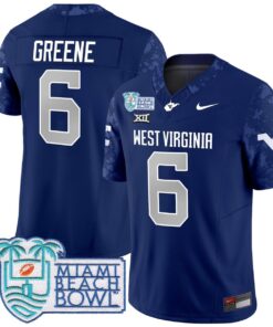 Men's Garrett Greene Jersey #6 West Virginia Mountaineers 2025 Miami Beach Bowl Navy