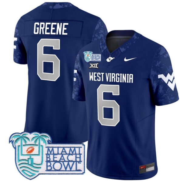 Men's Garrett Greene Jersey #6 West Virginia Mountaineers 2025 Miami Beach Bowl Navy