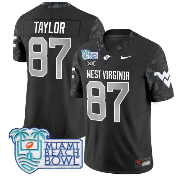 Men's Kole Taylor Jersey #87 West Virginia Mountaineers 2025 Miami Beach Bowl Coal