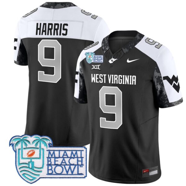 Men's Major Harris Jersey #9 West Virginia Mountaineers 2025 Miami Beach Bowl Alternate