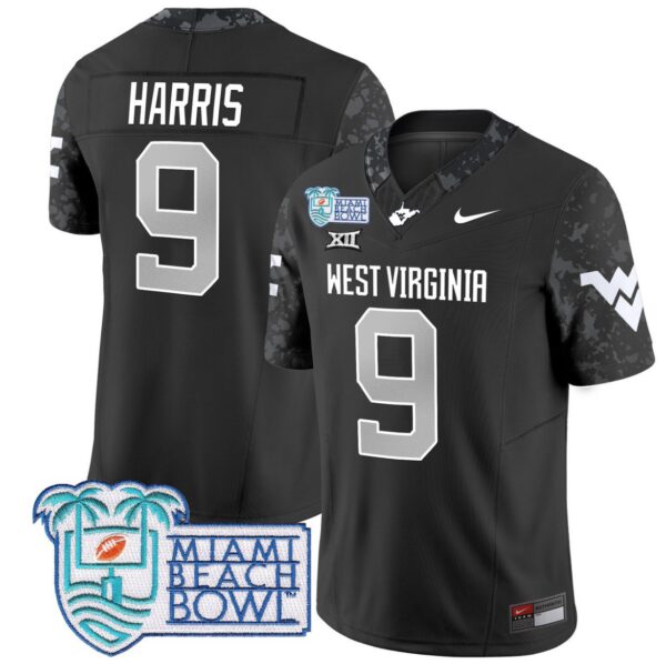 Men's Major Harris Jersey #9 West Virginia Mountaineers 2025 Miami Beach Bowl Coal