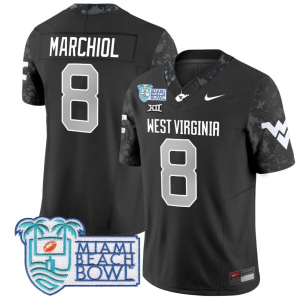 Men's Nicco Marchiol Jersey #8 West Virginia Mountaineers 2025 Miami Beach Bowl Coal