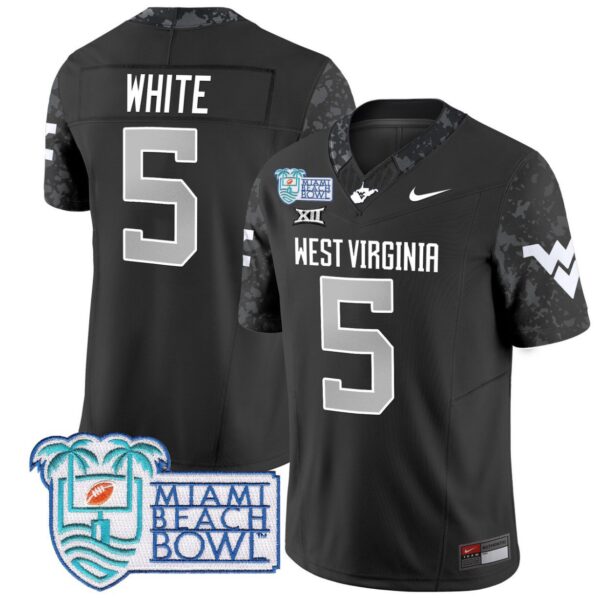 Men's Pat White Jersey #5 West Virginia Mountaineers 2025 Miami Beach Bowl Coal