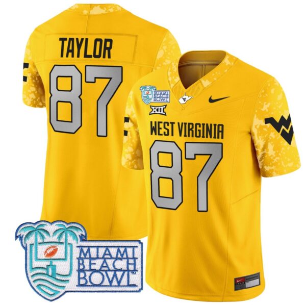 Men's Kole Taylor Jersey #87 West Virginia Mountaineers 2025 Miami Beach Bowl Gold