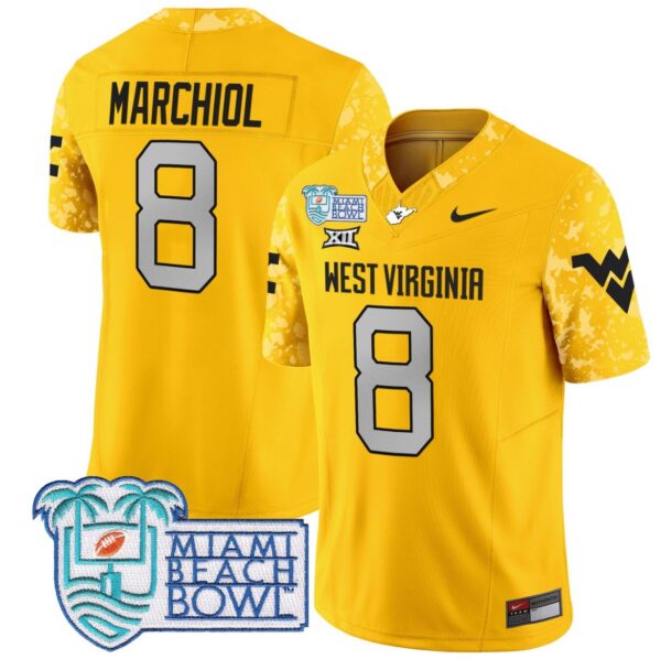 Men's Nicco Marchiol Jersey #8 West Virginia Mountaineers 2025 Miami Beach Bowl Goal