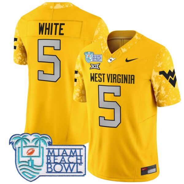 Men's Pat White Jersey #5 West Virginia Mountaineers 2025 Miami Beach Bowl Gold