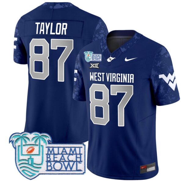 Men's Kole Taylor Jersey #87 West Virginia Mountaineers 2025 Miami Beach Bowl Navy