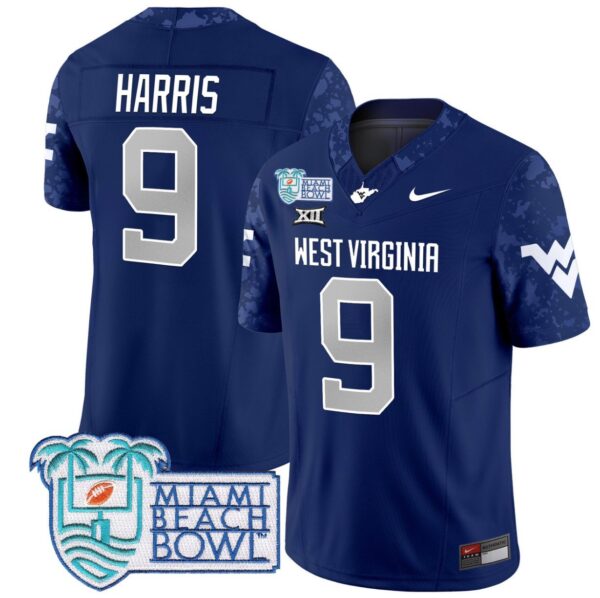 Men's Major Harris Jersey #9 West Virginia Mountaineers 2025 Miami Beach Bowl Navy