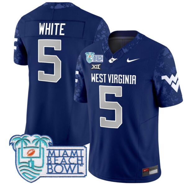 Men's Pat White Jersey #5 West Virginia Mountaineers 2025 Miami Beach Bowl Navy