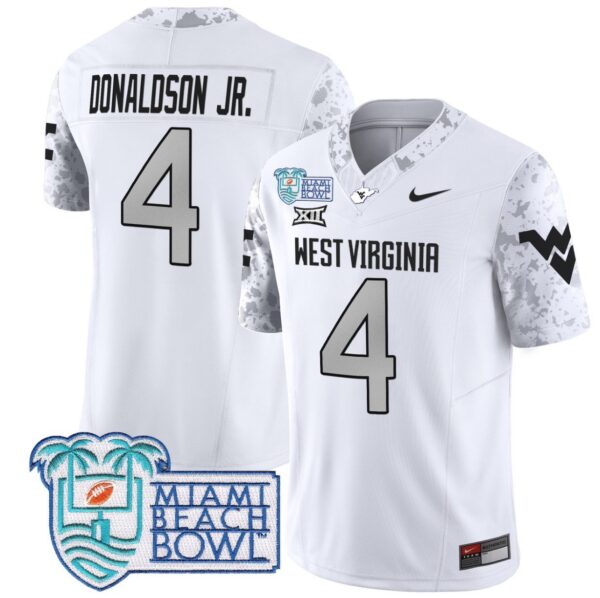 Men's CJ Donaldson Jr Jersey #4 West Virginia Mountaineers 2025 Miami Beach Bowl White