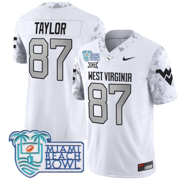 Men's Kole Taylor Jersey #87 West Virginia Mountaineers 2025 Miami Beach Bowl White