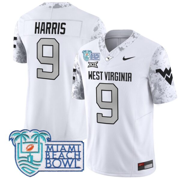 Men's Major Harris Jersey #9 West Virginia Mountaineers 2025 Miami Beach Bowl White