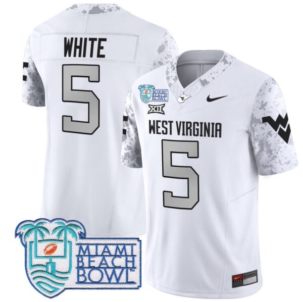 Men's Pat White Jersey #5 West Virginia Mountaineers 2025 Miami Beach Bowl White