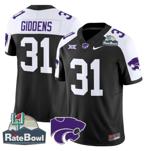 Men's DJ Giddens Jersey #31 Kansas State Wildcats 2025 Rate Bowl Patch Black Alternate