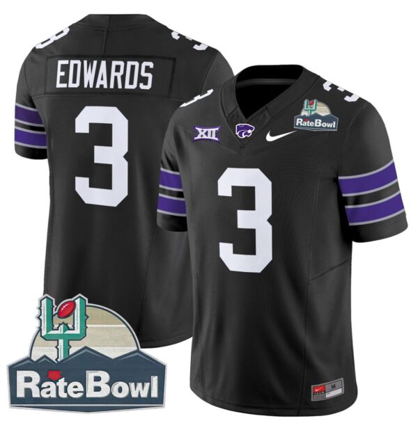 Men's Dylan Edwards Jersey #3 Kansas State Wildcats 2025 Rate Bowl Patch Black