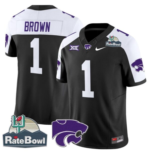 Men's Jayce Brown Jersey #1 Kansas State Wildcats 2025 Rate Bowl Patch Black Alternate