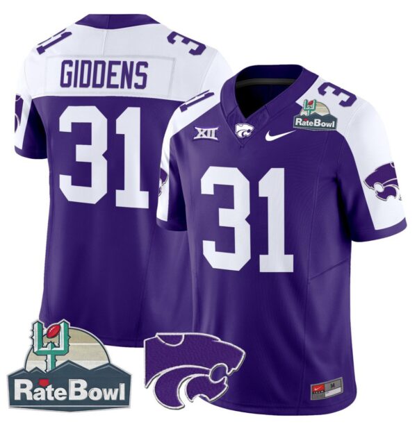 Men's DJ Giddens Jersey #31 Kansas State Wildcats 2025 Rate Bowl Patch Purple Alternate