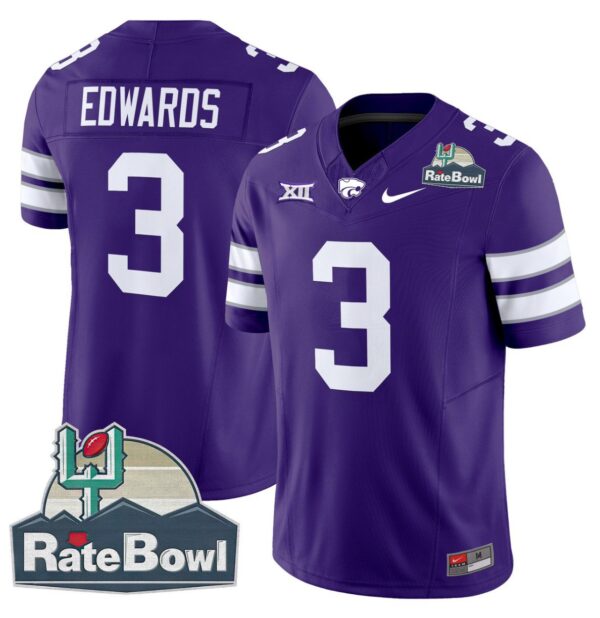 Men's Dylan Edwards Jersey #3 Kansas State Wildcats 2025 Rate Bowl Patch Purple