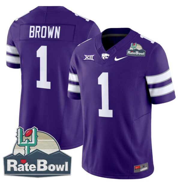Men's Jayce Brown Jersey #1 Kansas State Wildcats 2025 Rate Bowl Patch Purple