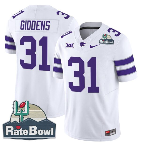 Men's DJ Giddens Jersey #31 Kansas State Wildcats 2025 Rate Bowl Patch White