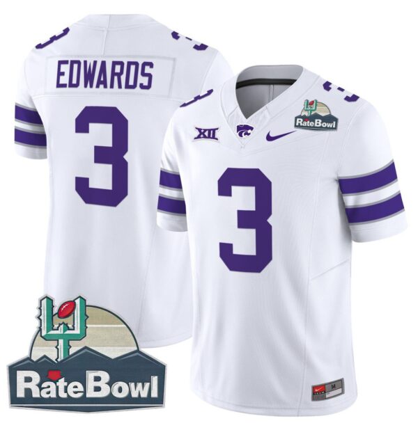 Men's Dylan Edwards Jersey #3 Kansas State Wildcats 2025 Rate Bowl Patch White
