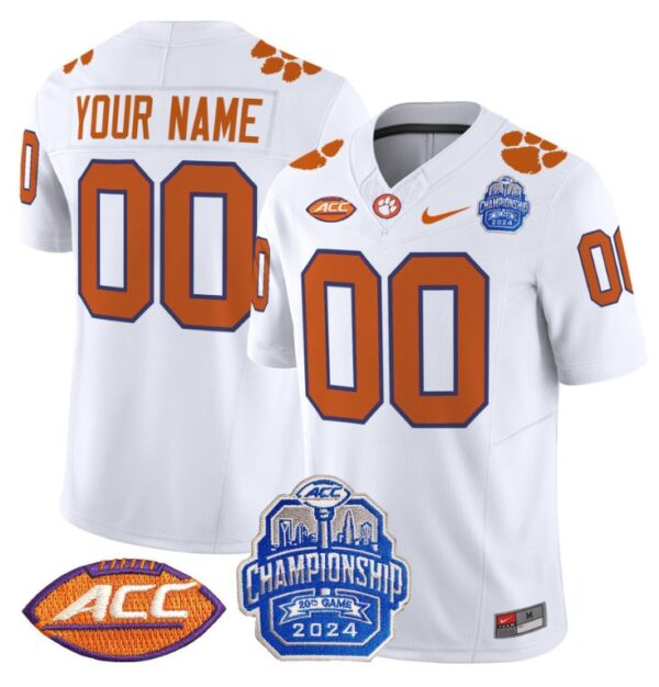 Men's Custom Clemson Tigers Jersey 2024 ACC Championship Patch Football White