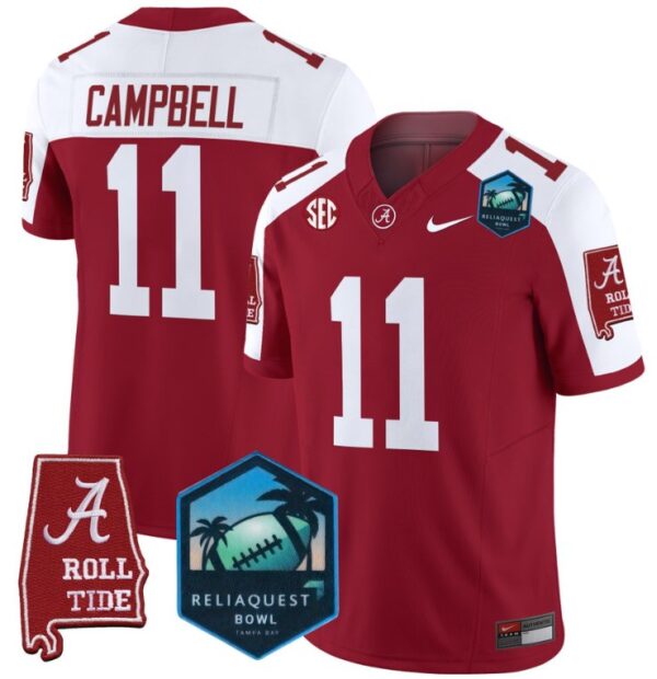 Men's Jihaad Campbell Jersey #11 Alabama Crimson Tide 2025 ReliaQuest Bowl Crimson Alternate