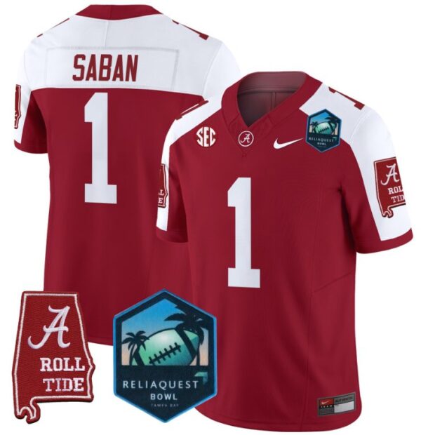 Men's Nick Saban Jersey #1 Alabama Crimson Tide 2025 ReliaQuest Bowl Crimson Alternate