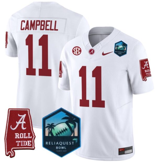 Men's Jihaad Campbell Jersey #11 Alabama Crimson Tide 2025 ReliaQuest Bowl White