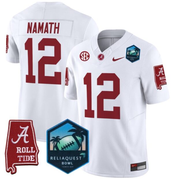 Men's Joe Namath Jersey #12 Alabama Crimson Tide 2025 ReliaQuest Bowl White