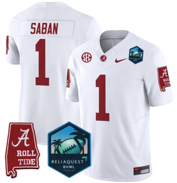 Men's Nick Saban Jersey #1 Alabama Crimson Tide 2025 ReliaQuest Bowl White