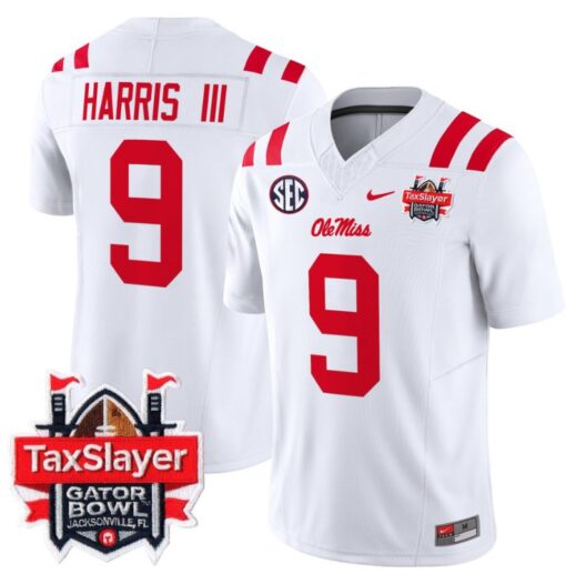 Tre Harris Jersey #9 Ole Miss Rebels 2024 Gator Bowl Patch V2 White