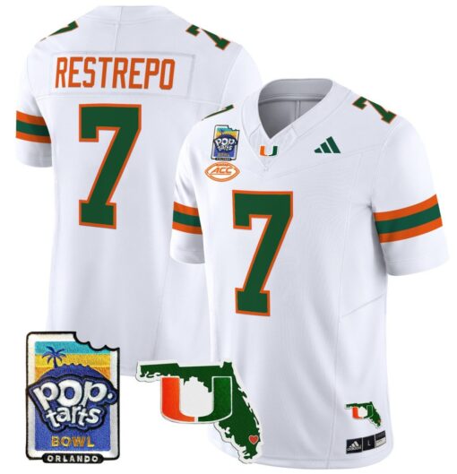 Xavier Restrepo Jersey #7 Miami Hurricanes 2025 PopTarts Bowl Patch White